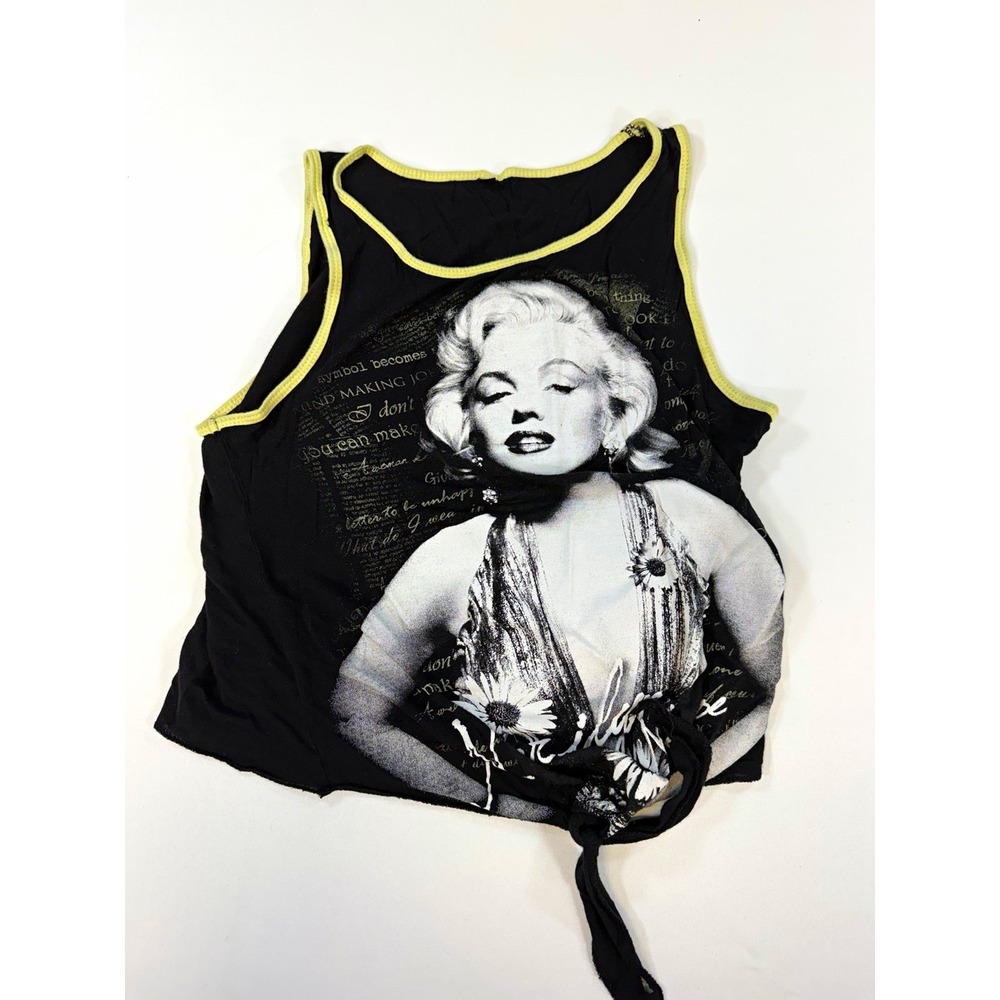 Marilyn Monroe Graphic Tie Front Crop Tank Top Black Yellow Trim Womens S